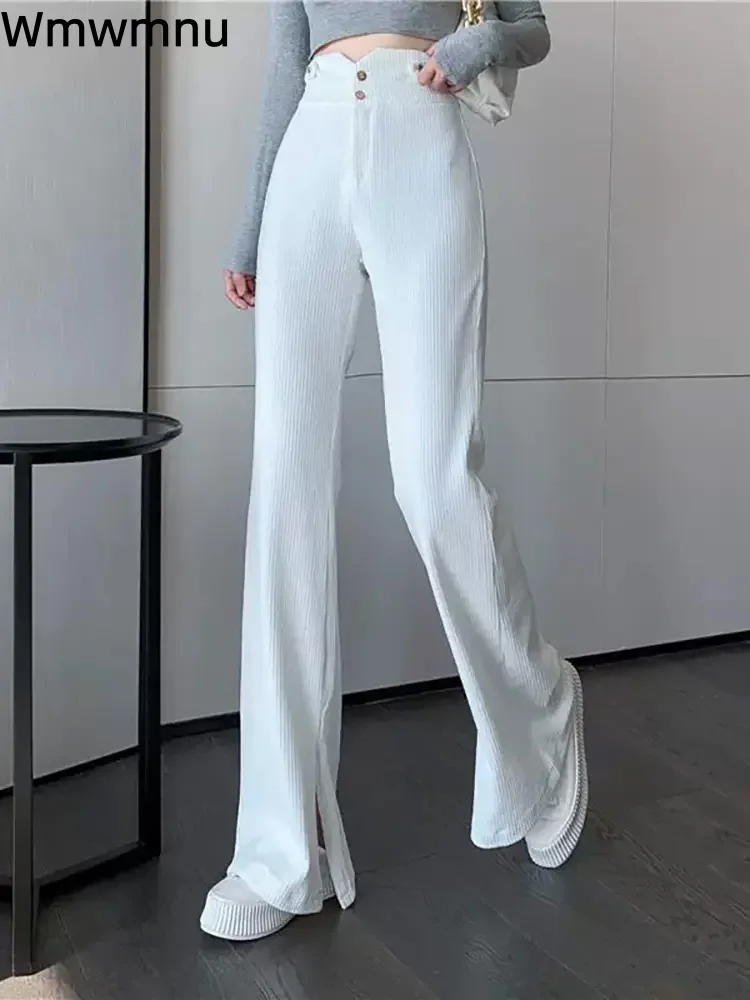 

Вельветовые брюки с высокой талией на пуговицах, женские повседневные прямые широкие брюки, тонкие корейские модные новые брюки с разрезом