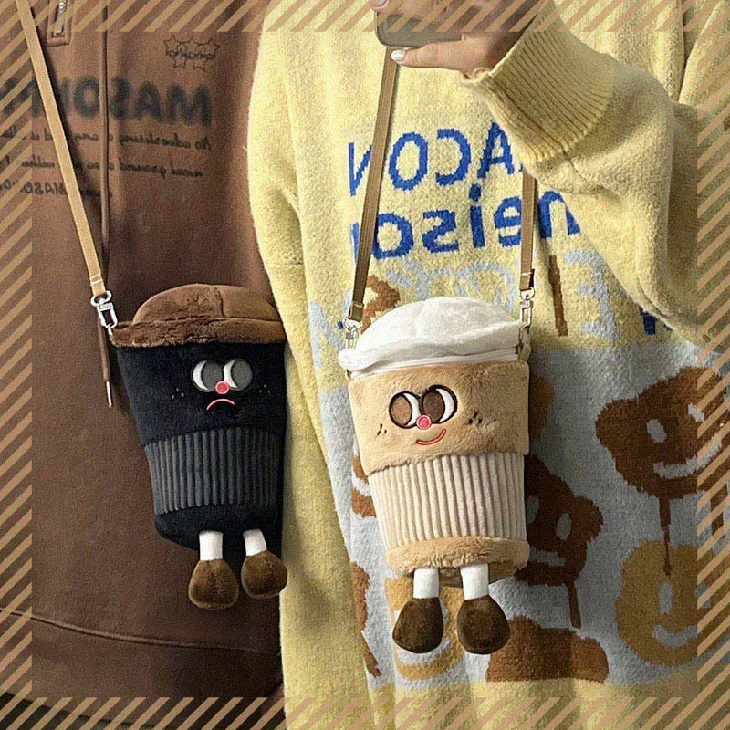 14*20cm Lovely Coffee Cup Crossbody Bag Plush Toys Cartoon Americano Latte Coffee Zero Wallet Phone Bag for Girl Children Decor