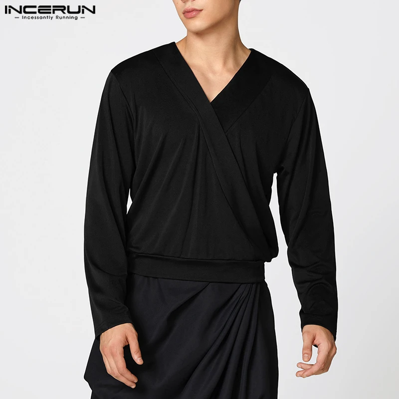 Stylish Casual Style Tops INCERUN 2026 New Men Shirts Handsome Male Shirt Solid Color V-neck Long Sleeve Blouse S-5XL Streetwear