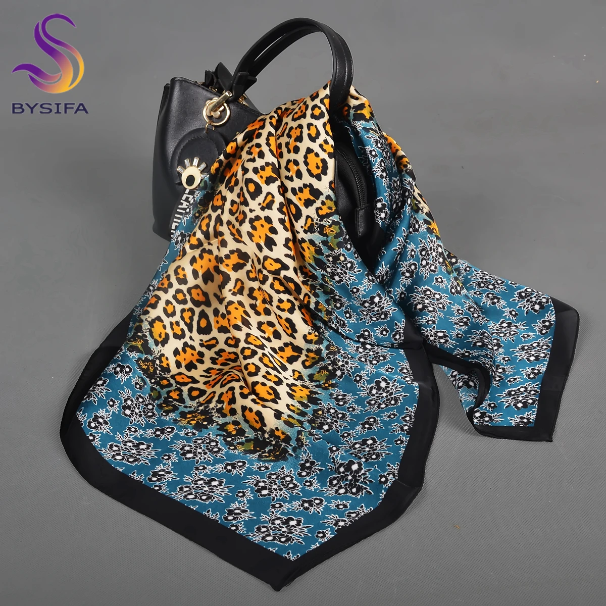 BYSIFA|Blue Coffee Silk Scarf Shawl Fashion Leopard Printed Square Scarves Foulard Winter Women Headscarves Accessories 70*70cm