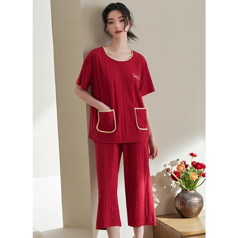 Short Sleeve Pajamas Summer O-neck Jacquard Weave Cotton Pyjamas Women's Casual Tracksuit Sweet Cute Solid Shirt Home Service