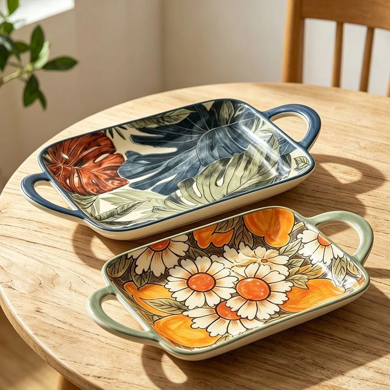 Portable Creative Double Ear Ceramic Plate for Steamed Fish and Barbecue High Value Underglaze Home Gift