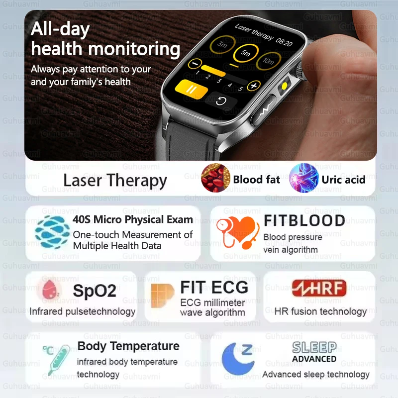สมาร์ทวอทช์รุ่นใหม่ปี 2025 กระจกแซฟไฟร์ พร้อมเลเซอร์บำบัด สำหรับผู้ชาย ตรวจสุขภาพแบบไม่รุกราน ตรวจวัดไขมันในเลือด กรดยูริก ECG+PPG