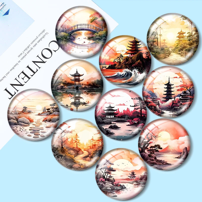 Japanese Sunset Theme  12/18/20/25mm glass cabochon  bracelet pendant rings for jewelry demo earrings back Making findings