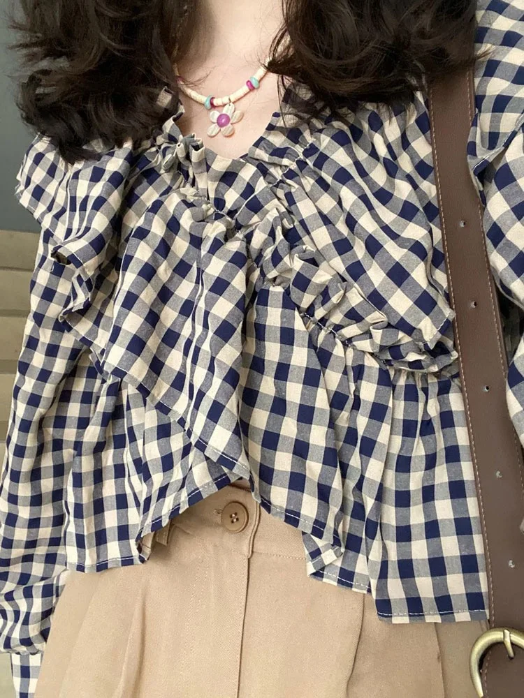 Plaid Blouses Women Ruffles Lovely Schoolgirls Elegant Creativity New Personality All-match Daily Simple Korean Style Leisure