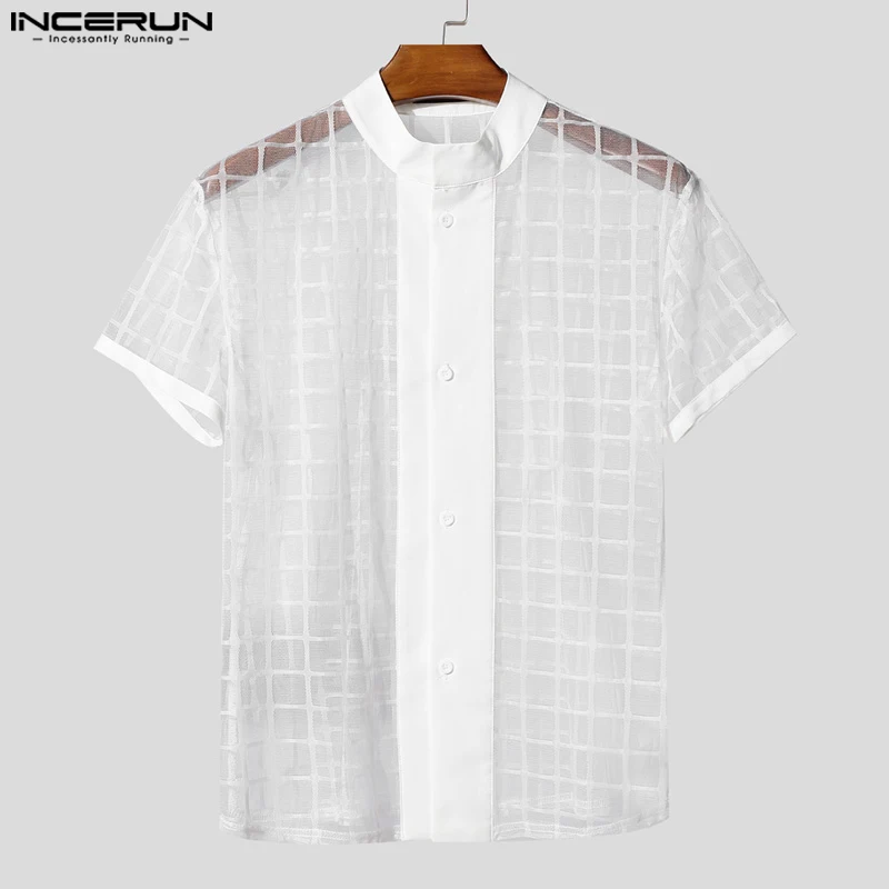 

INCERUN Men Shirt Plaid Mesh Patchwork Stand Collar Short Sleeve Men Clothing See Through Streetwear Sexy Fashion Male Shirts