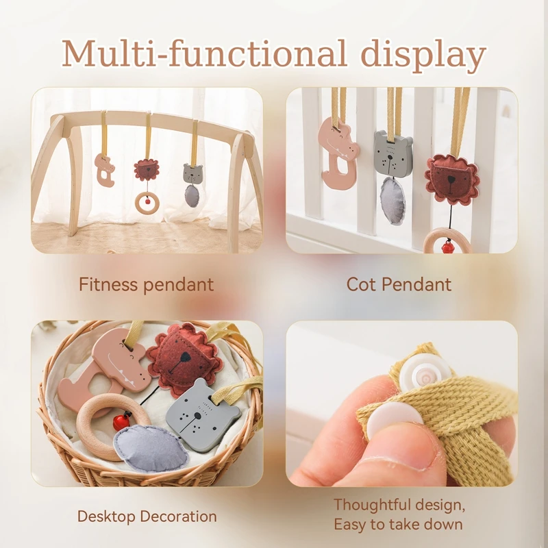 아기 놀이 활동 체육관 펜던트 나무 장난감, 동물 뮤지컬 딸랑이 모바일 침대 벨 링, 나무 아기 체육관 몬테소리 유아 장난감