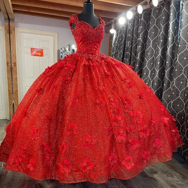 Red Quinceanera Dresses 3D Floral Beading Crystal Lace Flowers Glitter Princess Birthday Party Gowns Corset Vestidos De 15Años