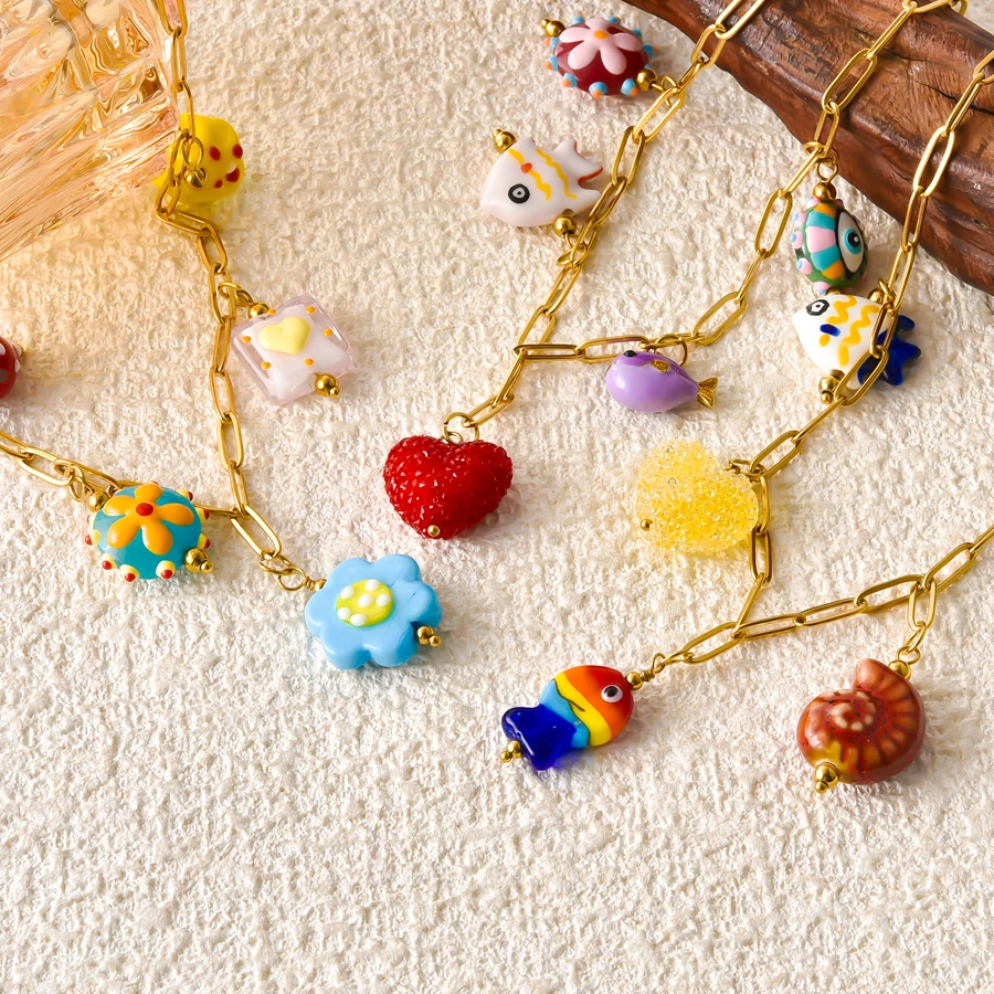 1Pc Stainless Steel Y2K Glass Glaze Strawberry Murano Flower Aesthetic Necklaces Summer Ceramic Sea Fish Shell Collar Jewelry