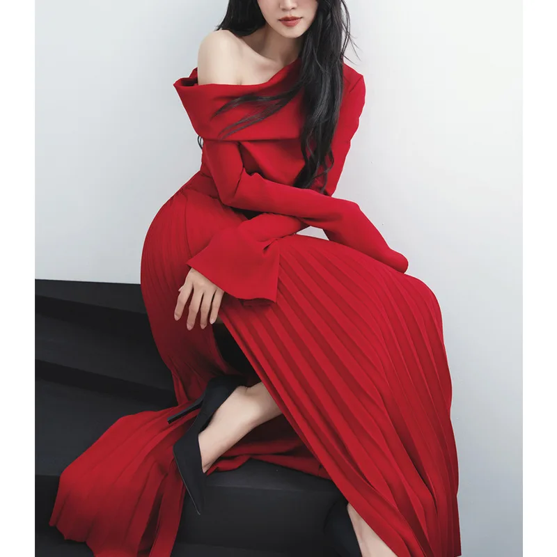 QMQA Fashion Women\'s Designer Dress Slash Neck Long Sleeve Pleated Slit High Waist Elegant Dresses 2025 Female Clothing 1A977