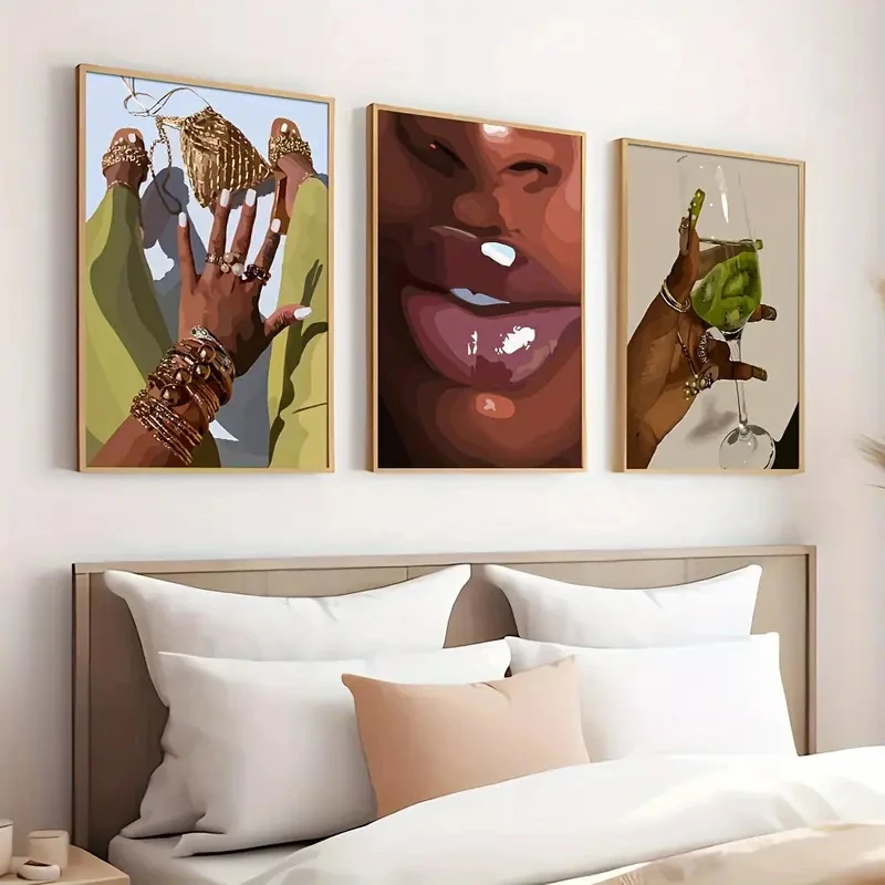 3 قطعة/المجموعة مجردة وعصرية الإناث التوضيح قماش من فتاة سوداء الاتجاه المشارك ، غرفة المعيشة الحديثة ديكور المنزل