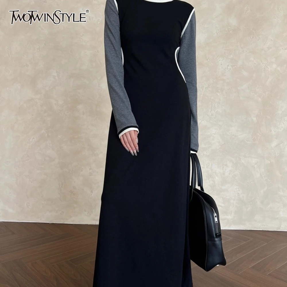 

TWOTWINSTYLE Solid Spliced Lines Basics Dress Female O Neck Long Sleeve Slimming Women's Long Dresses Summer Fashion New Style