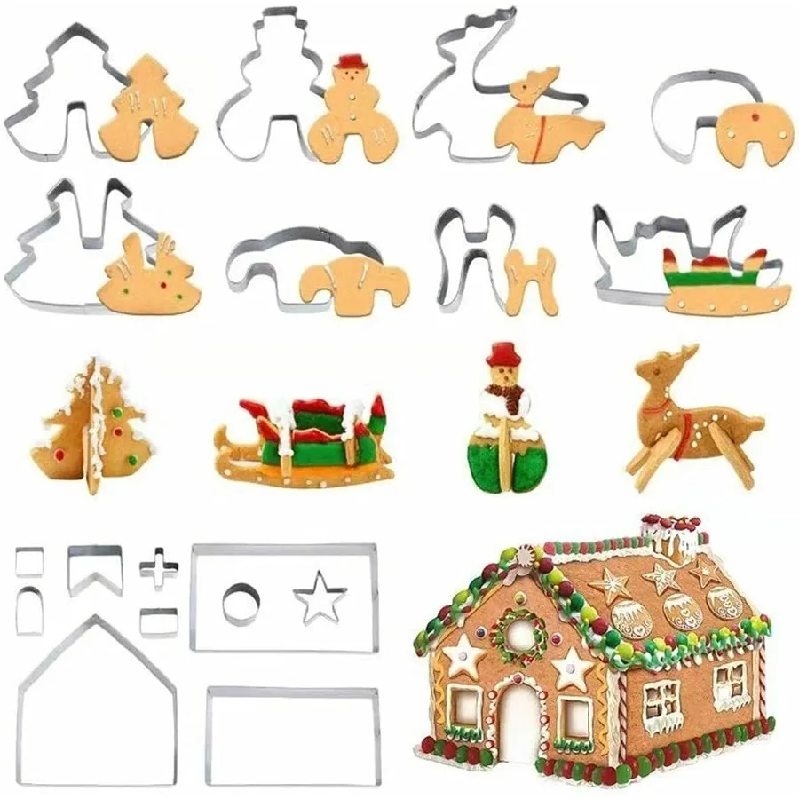 

3D Christmas Ginger House Ce Cutters Set 18 Pcs 430 Stainless Steel Cartoon Snowflake Biscuit Cutter Pastry Mold for Holiday Bi