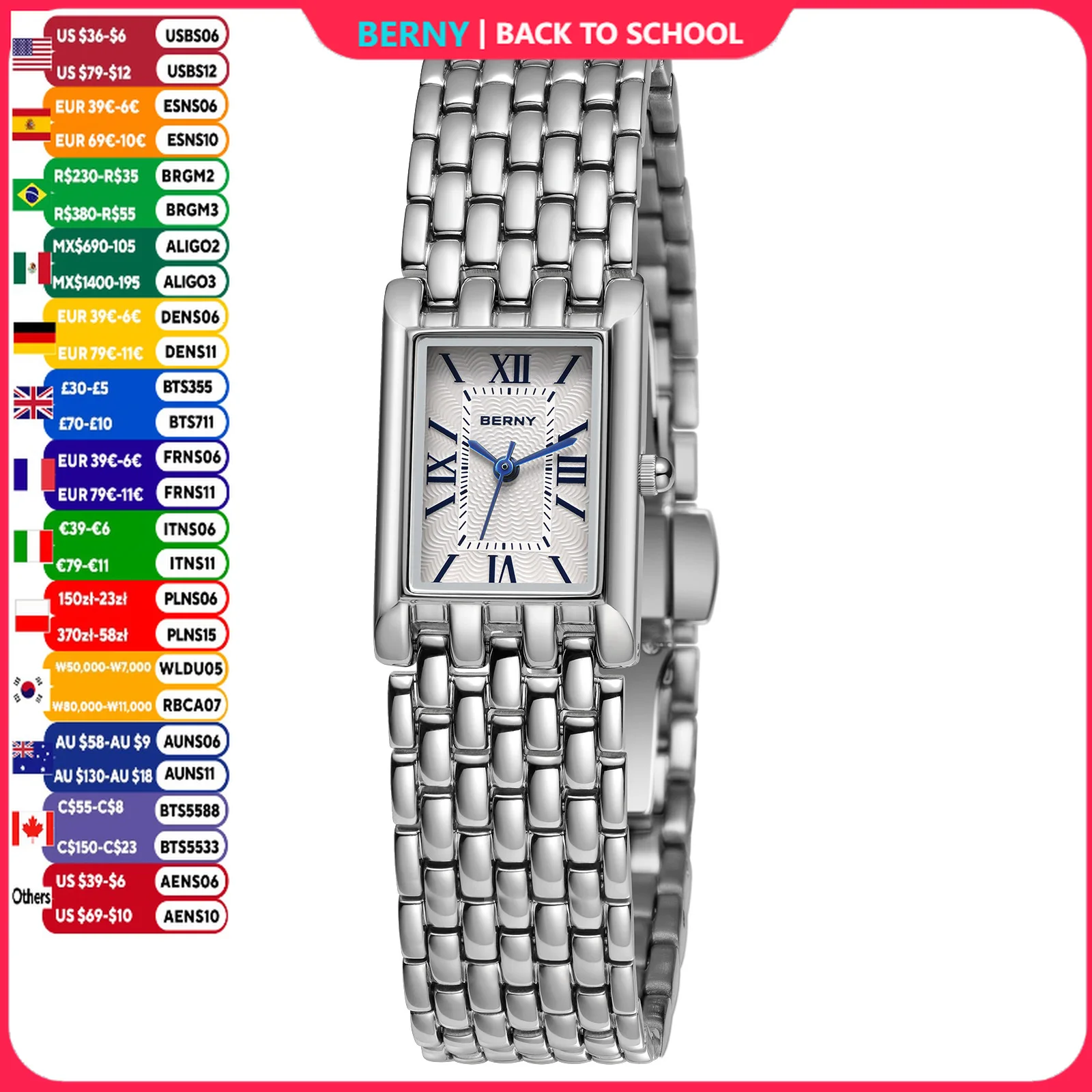 BERNY Watches for Women Fashion Luxury Ladies Rectangle Casual Quartz Watch Solid Stainless Steel Waterproof Girls Wristwatch