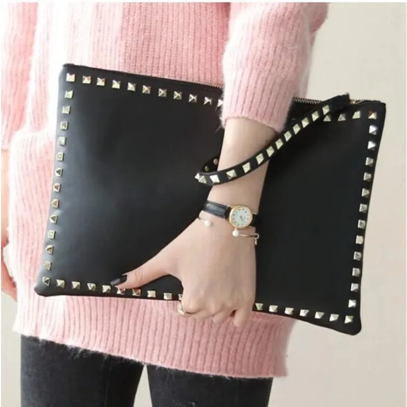 Fashion Women Day Clutches Leather Rivet Handbags Ladies Black Envelope Evening Party Bag High Quality Bolsas Feminina