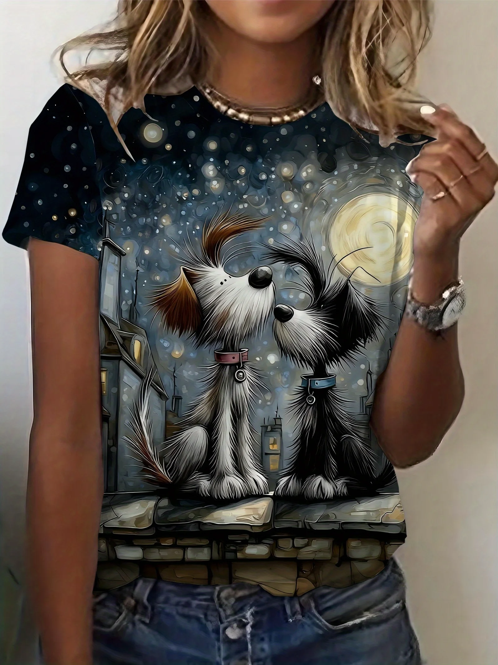 Women Short Sleeve T‑Shirt Cute Dogs Night Moon Star Cityscape Art Print Round Neck Casual Summer Daily Tops