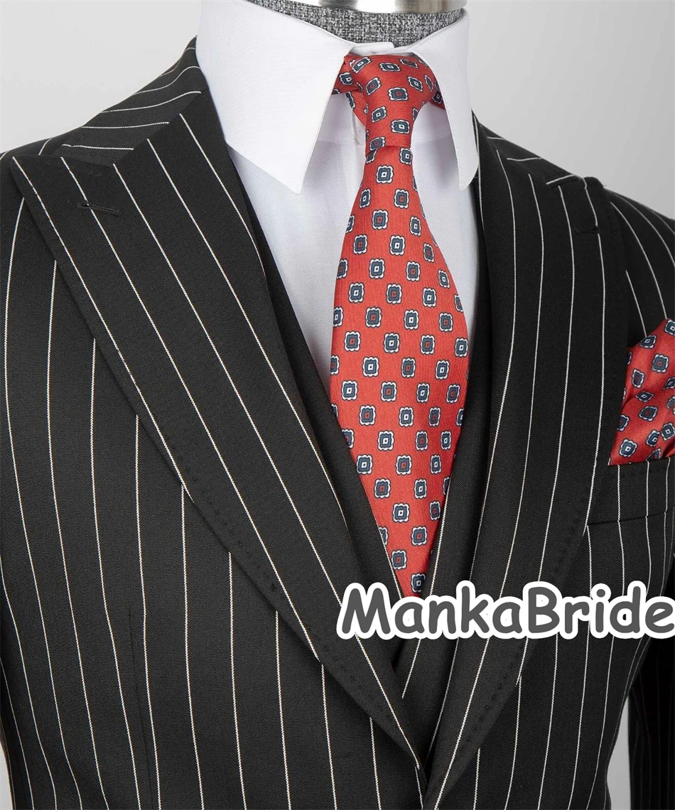 Classic Striped Men's Suits 3PCS Blazer Vest Pants Wedding Groom Tuxedo Customized Formal Business Wear Prom Party Suit