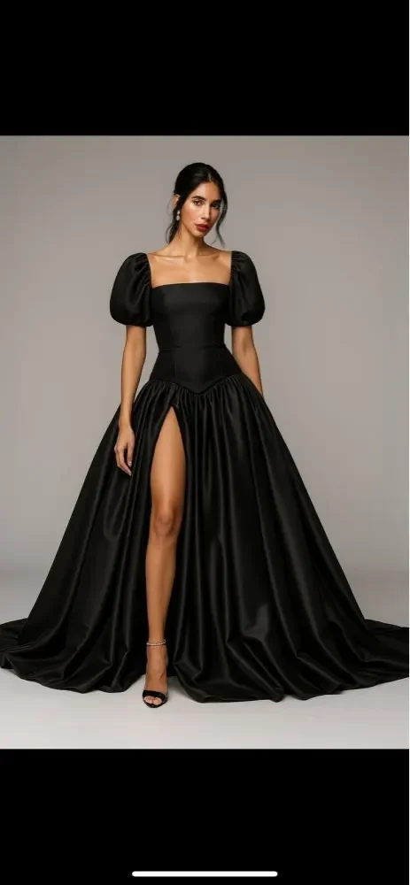 

Qanz Elegant Black Satin Prom Dresses High Slit Short Puff Sleeves Evening Dresses Luxury Long Train Party Gown Customized
