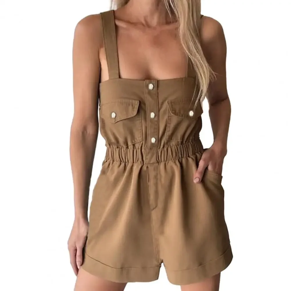 

Women's Short Denim Overall High-Waisted Sleeveless Short Jumpsuits Summer Button Up Elastic Waist Romper with Pockets