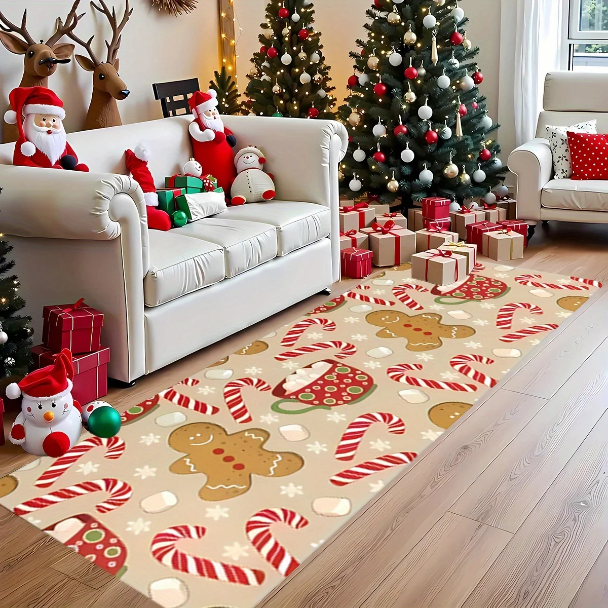 VIKAMA Beige Christmas Runner Mat Gingerbread Man Candy‑cane Hot Cocoa Snowflake Print Non‑slip Long Holiday Hallway Floor Rug