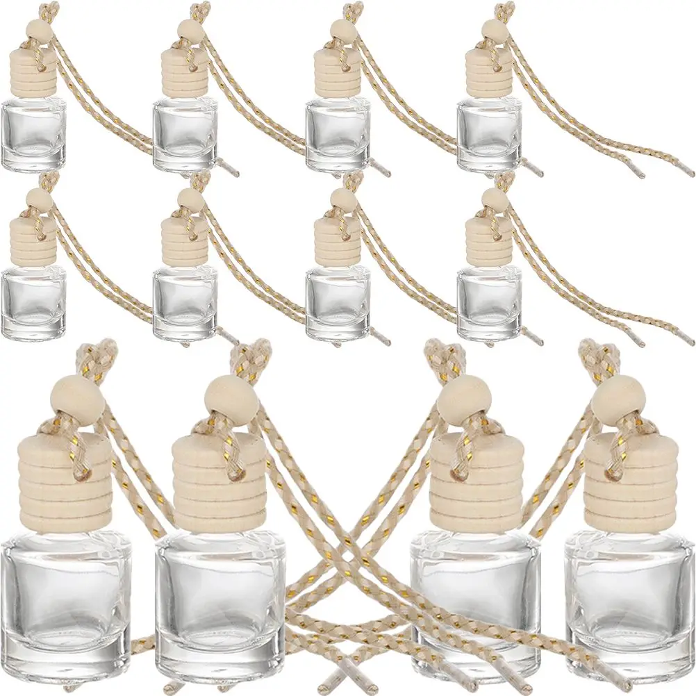 12개 유리 향수병 미니 DIY 나무 캡 아로마테라피 디퓨저 차량용 걸이형 에센셜 오일 여행용 소형 재사용 가능