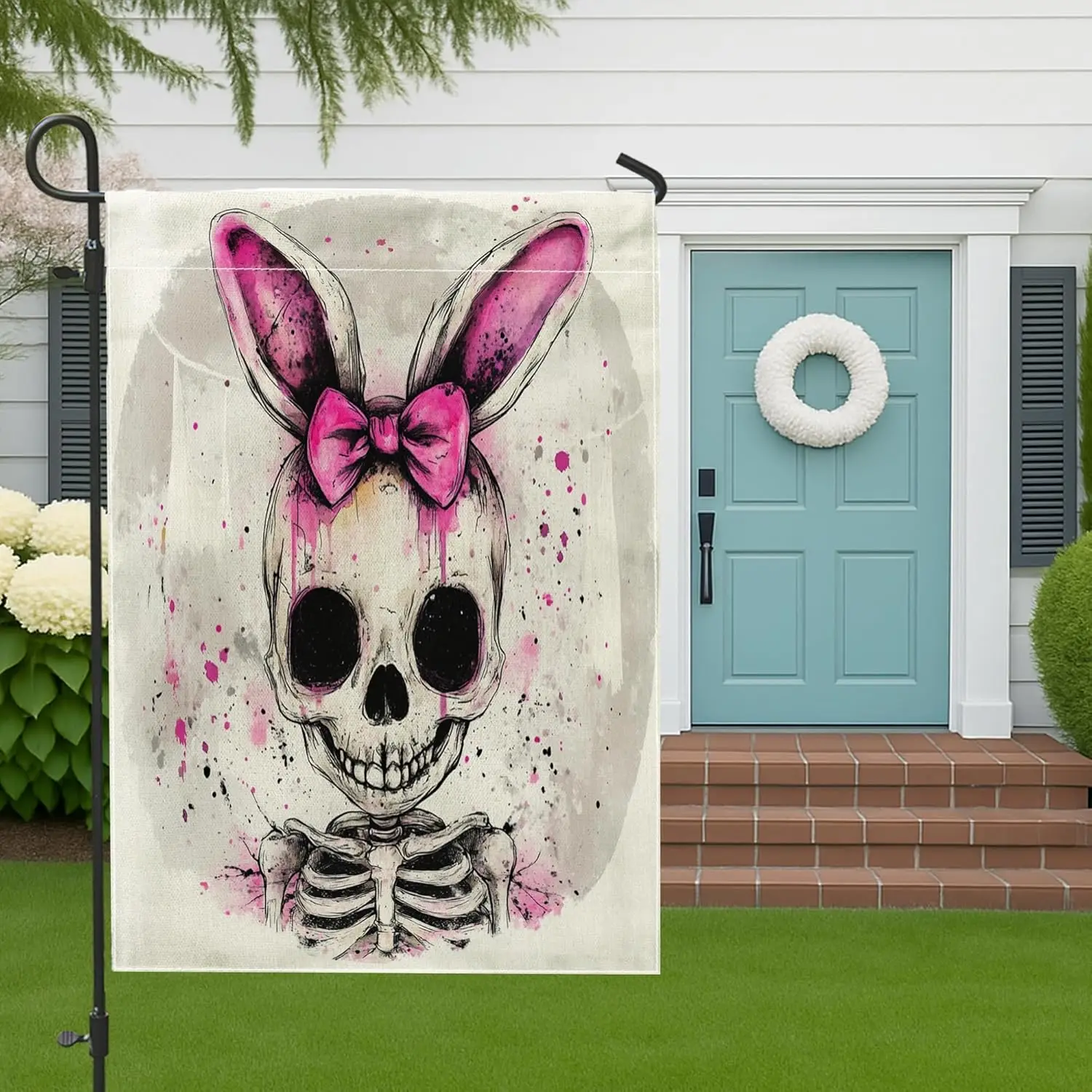 Spring Easter Skeleton Garden Flags 12x18 Inch Double Sided for Outside, Funny Cute Goth Bunny Pattern Standard Canvas House AAS