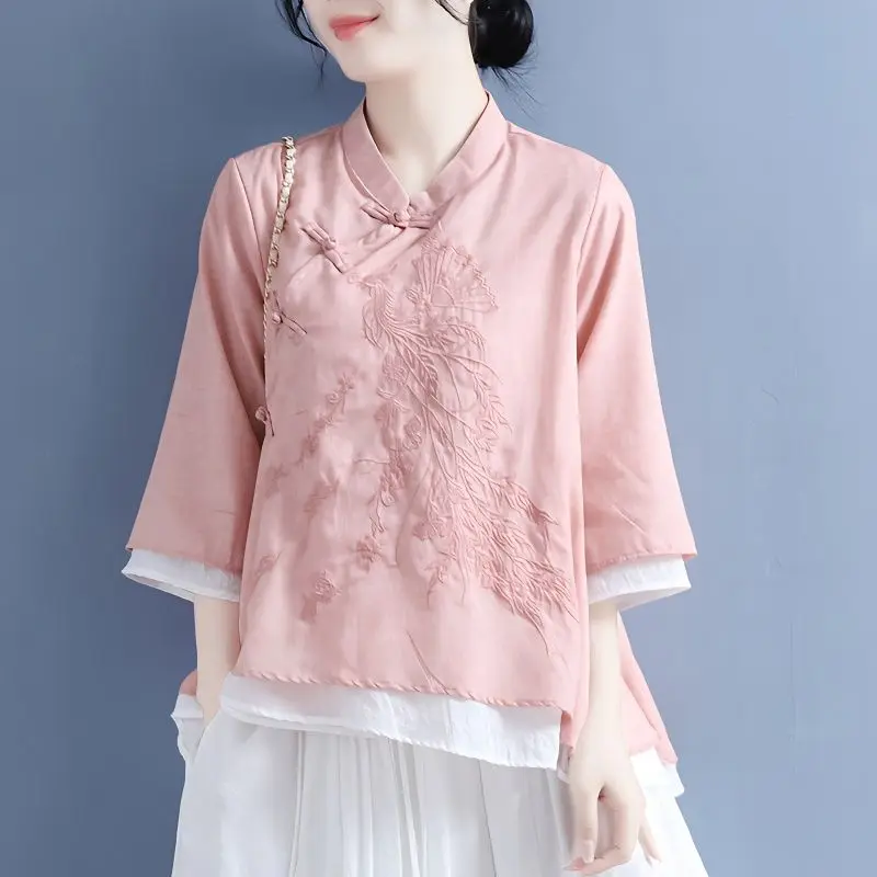 

Новая весенне-летняя женская рубашка из хлопка и льна с вышивкой в китайском стиле, топ с рукавами три четверти на пуговицах для женщин