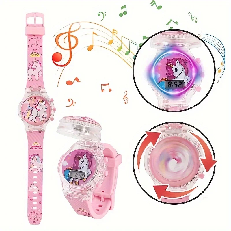 Fashion Flip Rotating Luminous Music Electronic Watch, Fashion Cartoon Cute Unicorn Watch, School Supplies Party Gift