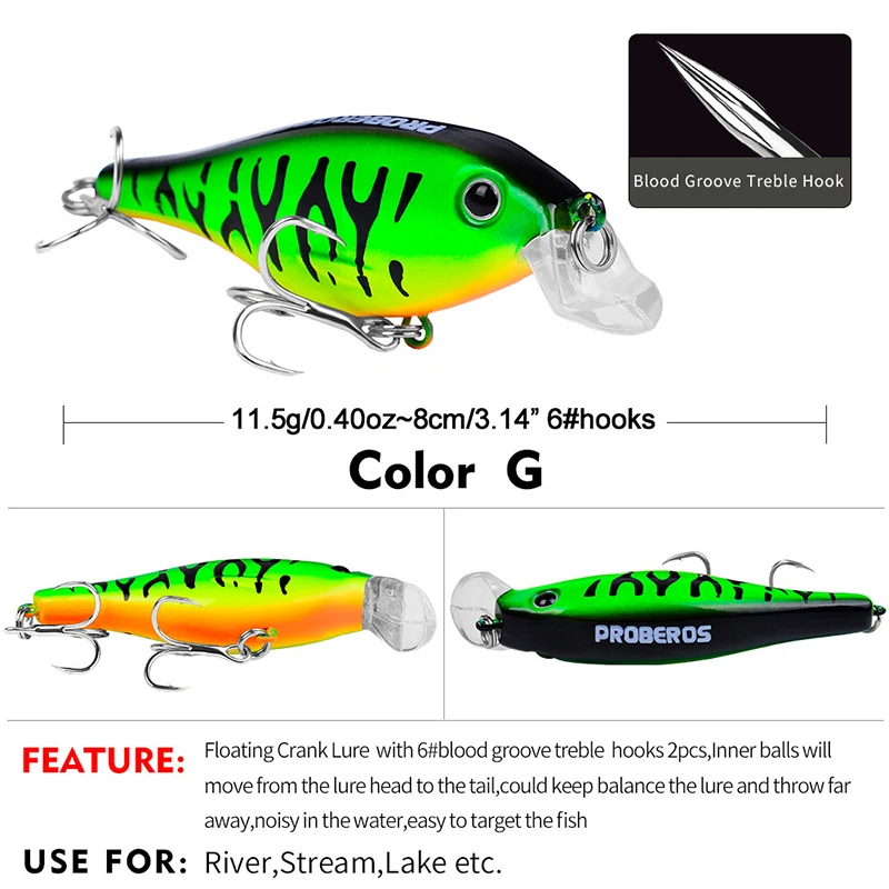 Floating Crank Lure Bait - 8cm/11.5g - Floating Type - #6 Triple Hooks, Internal Steel Ball, Lifelike Paint Body