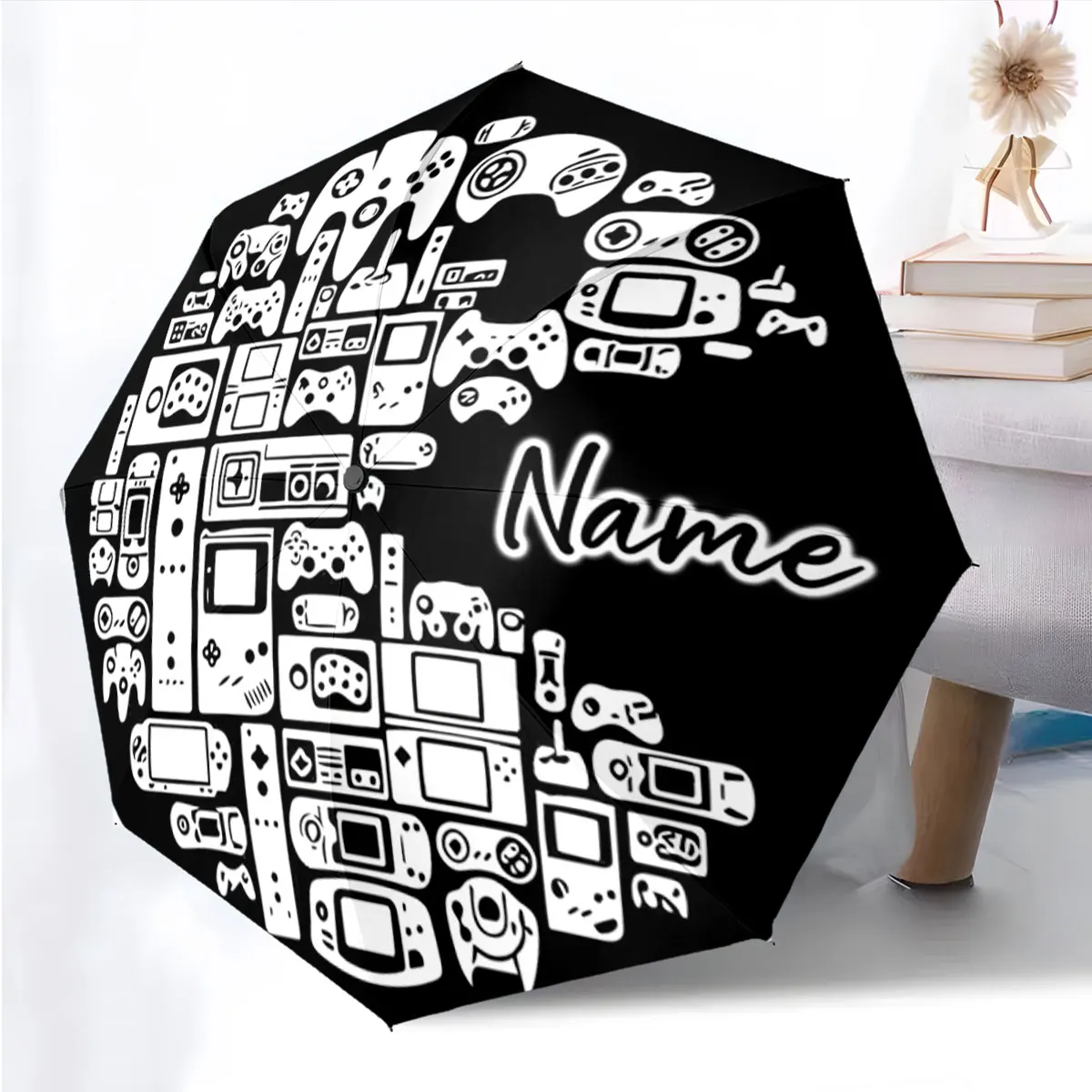 Custom Name Umbrella Retro Gaming Console Umbrella Design Print 8 Iron Ribs Folding Umbrella Auto-Open Fashion Sunshade