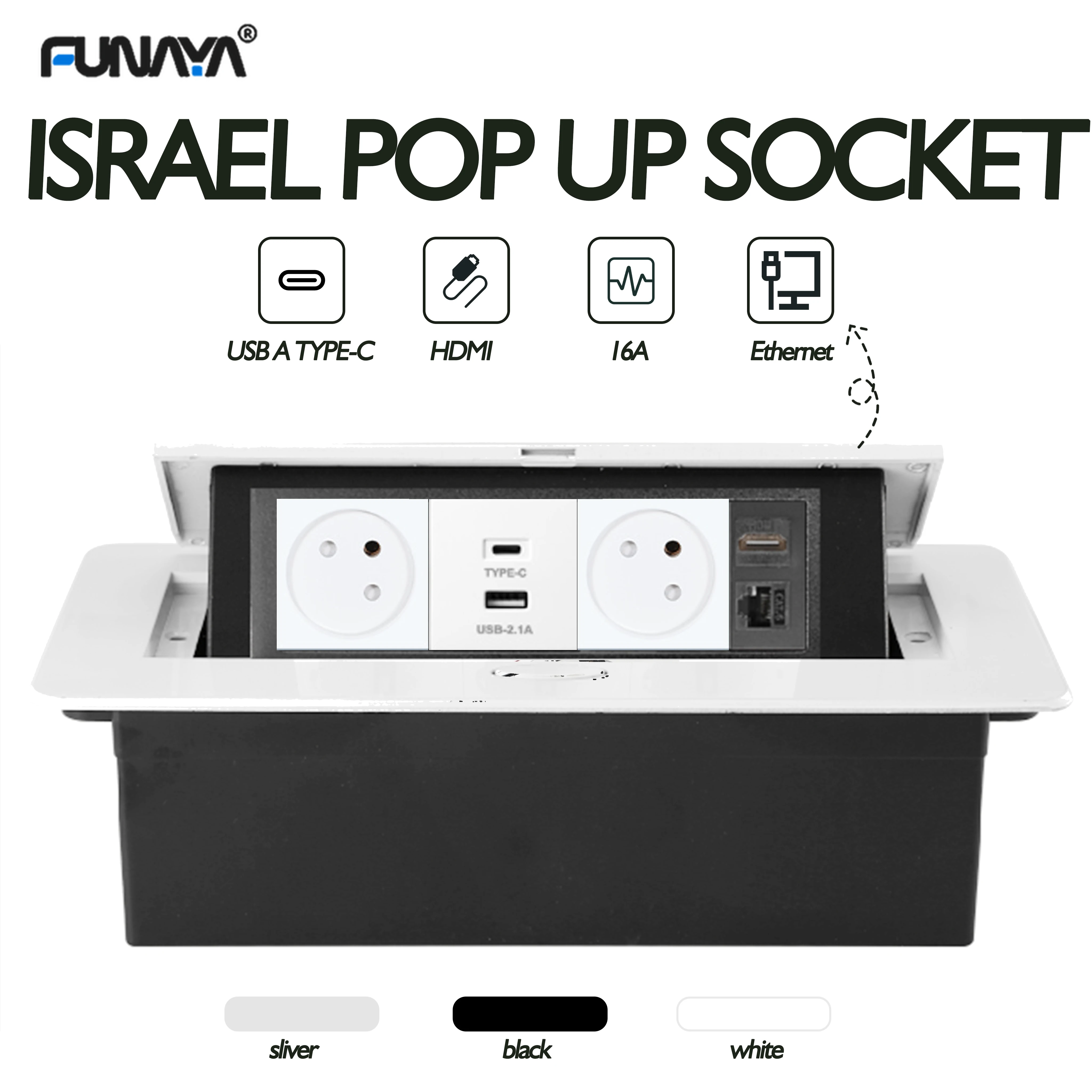 FUNAYA 15A IL Pop Up Desktop Socket Israel Built-in Table Outlet with USB Type C HDMI Ethernet Countertop Power Recessed Sockets