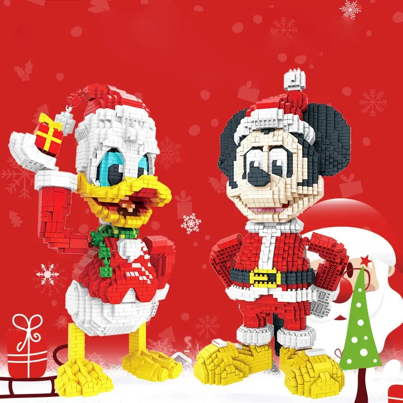 Disney Donald Duck Micro Blocks Christmas Mickey Mouse Figures Cartoon DIY Model Mini Bricks 3D Puzzle Toys For Kids Santa Gift