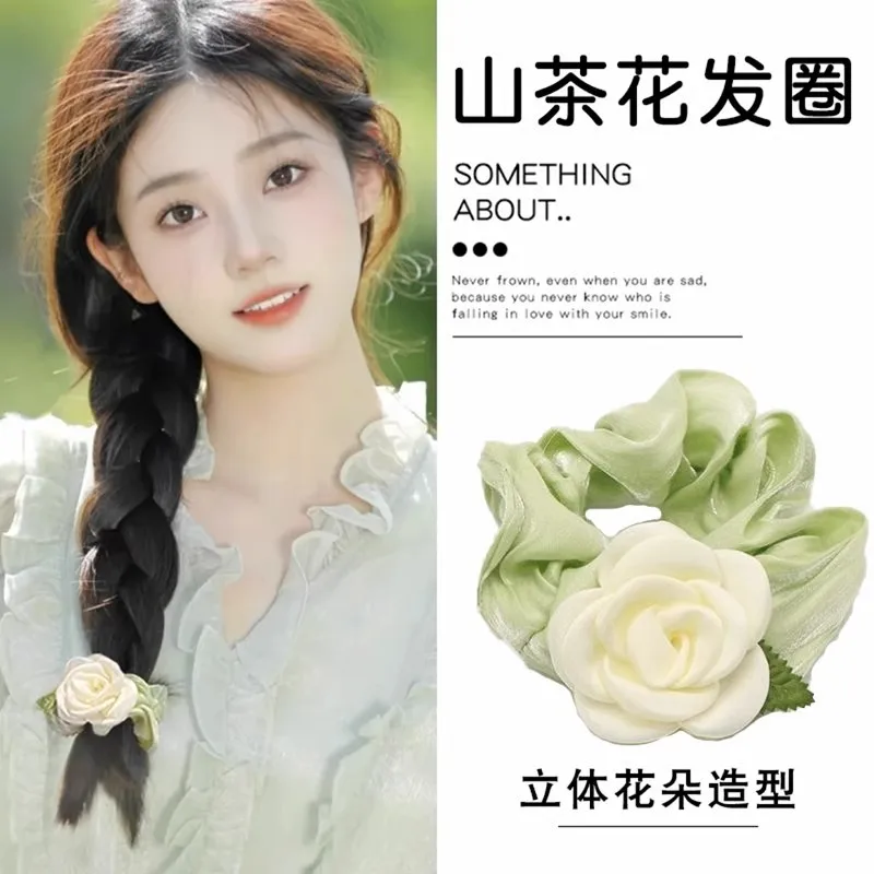 Chaoxianshan-女性のための椿の長袖ヘアバンド、ハイエンドの気質のヘッドロープ、タイポニーテール、革の腱、夏