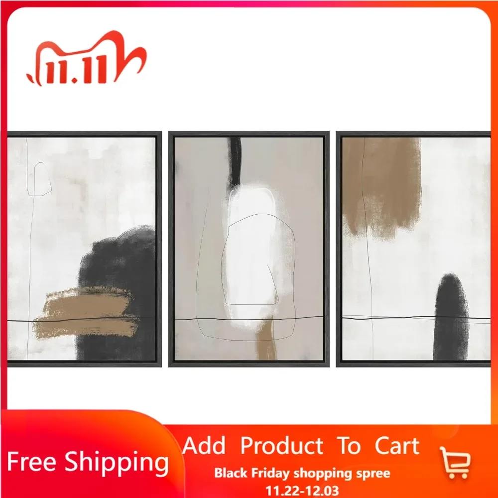 Framed Canvas Print Wall Art Set Grunge Paint Strokes Abstract Shapes Illustrations Modern Art Bohemian