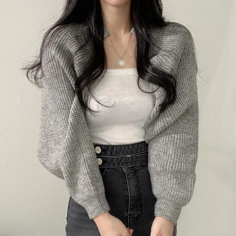 Autumn Fashionable Korean Version Versatile Women\'s Cardigan Bishop Sleeve Ultra Short Sweater Knitted Coat Top