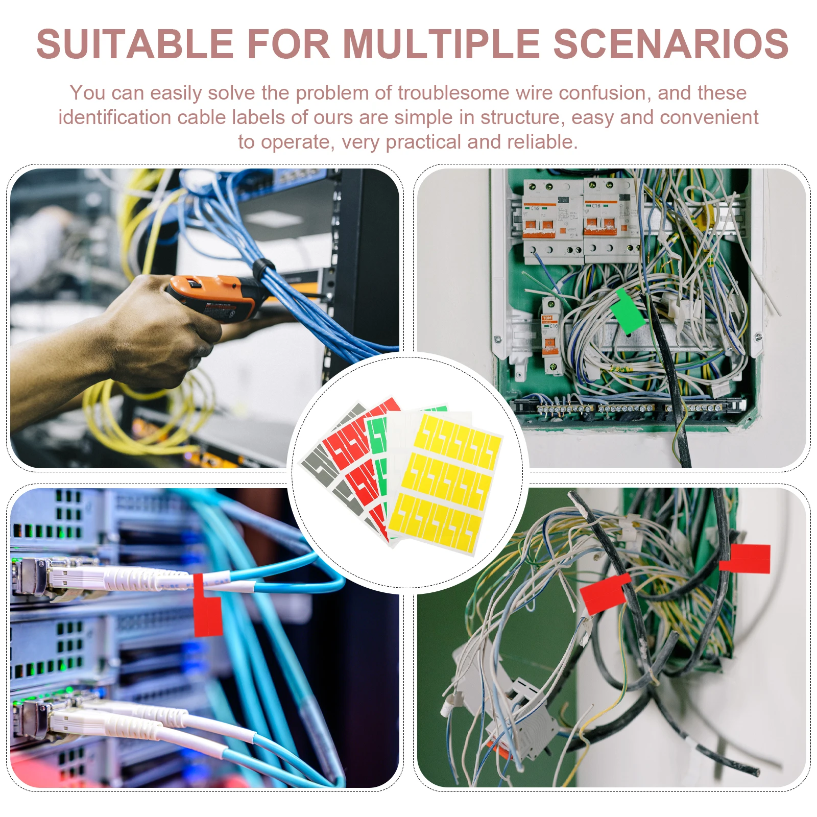 

10 листов, красочные этикетки для шнуров, самоклеящиеся кабельные органайзеры, управляющие бирки для шнуров, идентификационные этикетки для кабелей, удобное использование