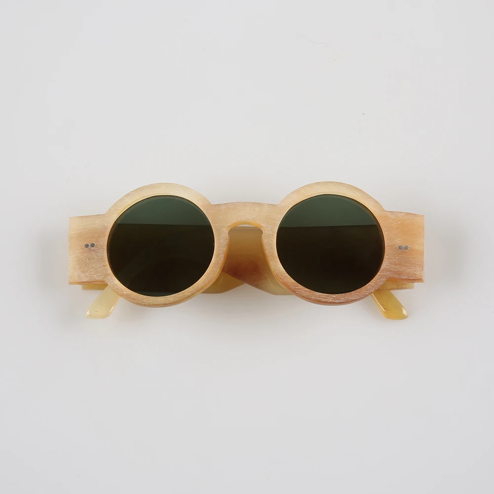 Man Sunglasses Women Round Fashion Retro Glasses Classic Eyeglasses Rough Vintage Wide Temple Handmade Honey Horn Men Sunglass