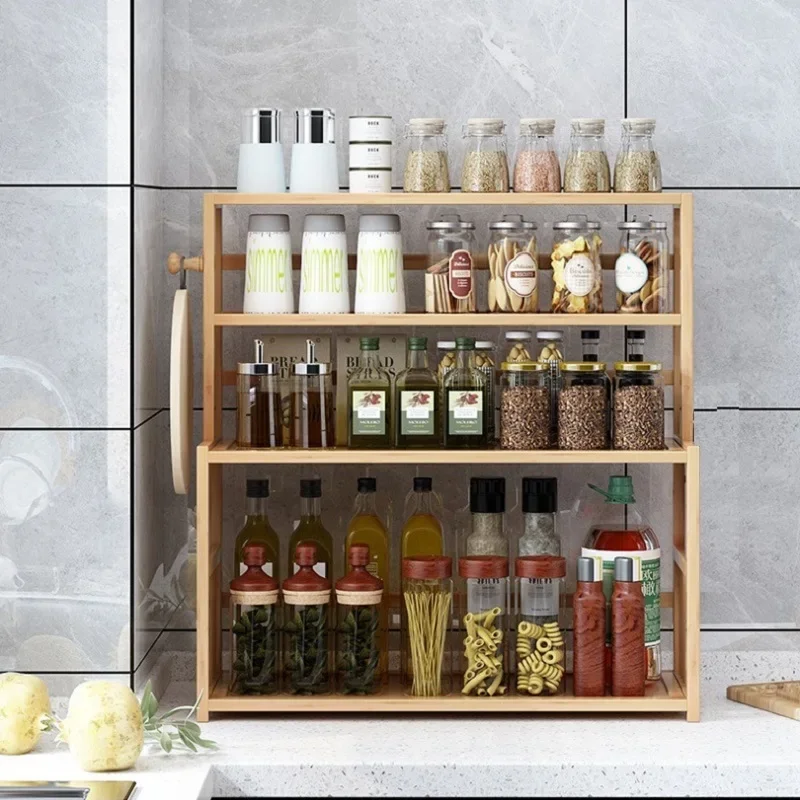 

Kitchen Storage Rack Simple Seasoning Rack Multi-Layer Oil and Salt Sauce Vinegar Bamboo Storage Rack Save Space Free Punching