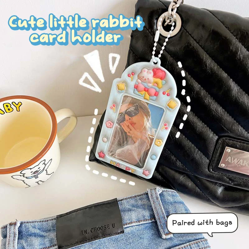 Cartoon Puppy Rabbit Photo Card Holder Kpop Food Card Bus Card Sleeves Photo Card Protective Cover Pendant