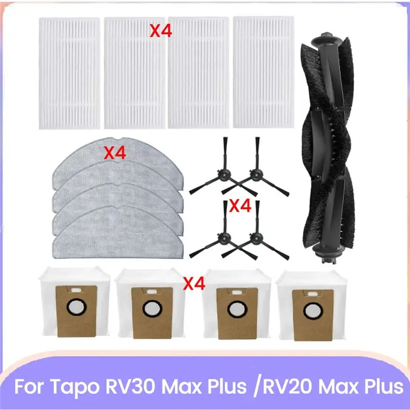 A20F-17PCS For Tapo RV30 Max Plus /RV20 Max Plus Vacuum Parts Main Side Brush Filters Mop Cloth Dust Bags