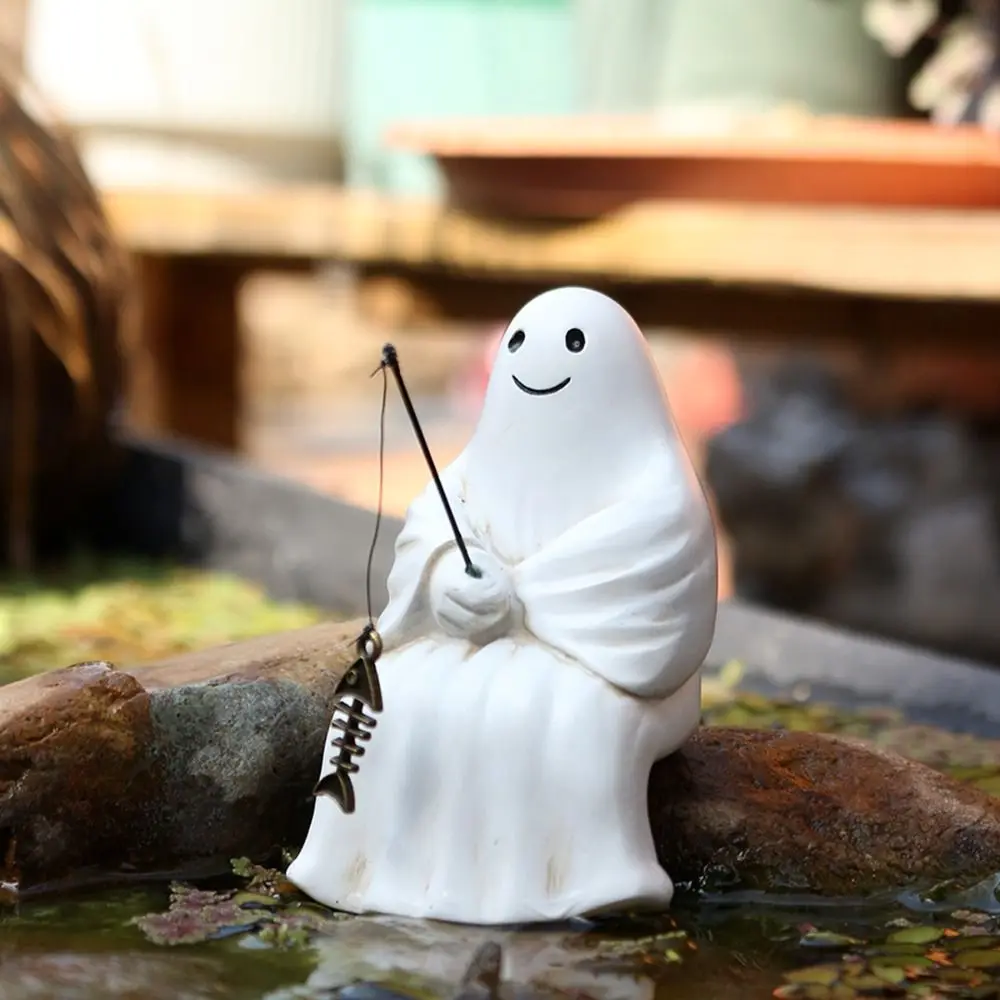 

Micro Landscape Resin Sitting Ghost Fishing Statue Cute Cartoon Ghost Fisher Sculpture Waterproof Halloween Ghost Figurines Home