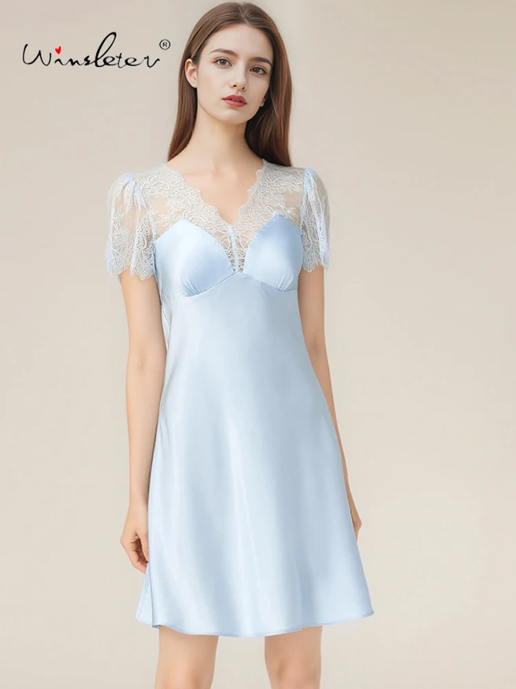 

Winsleter-Women 19MM 6A 100%Real Silk Elegant Nightgown, With Chest Pads Short Sleeve, Sexy Lace Pajamas Dress, 2025 P4D708CC
