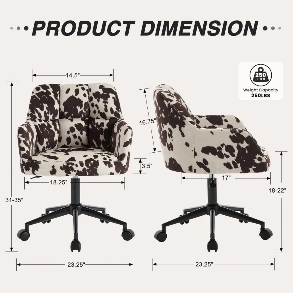 Ergonomic Cow Print Velvet Swivel Office Desk Chairs with Wheels and Arms, Comfortable Height Adjustable Set of 2 for Home Offic