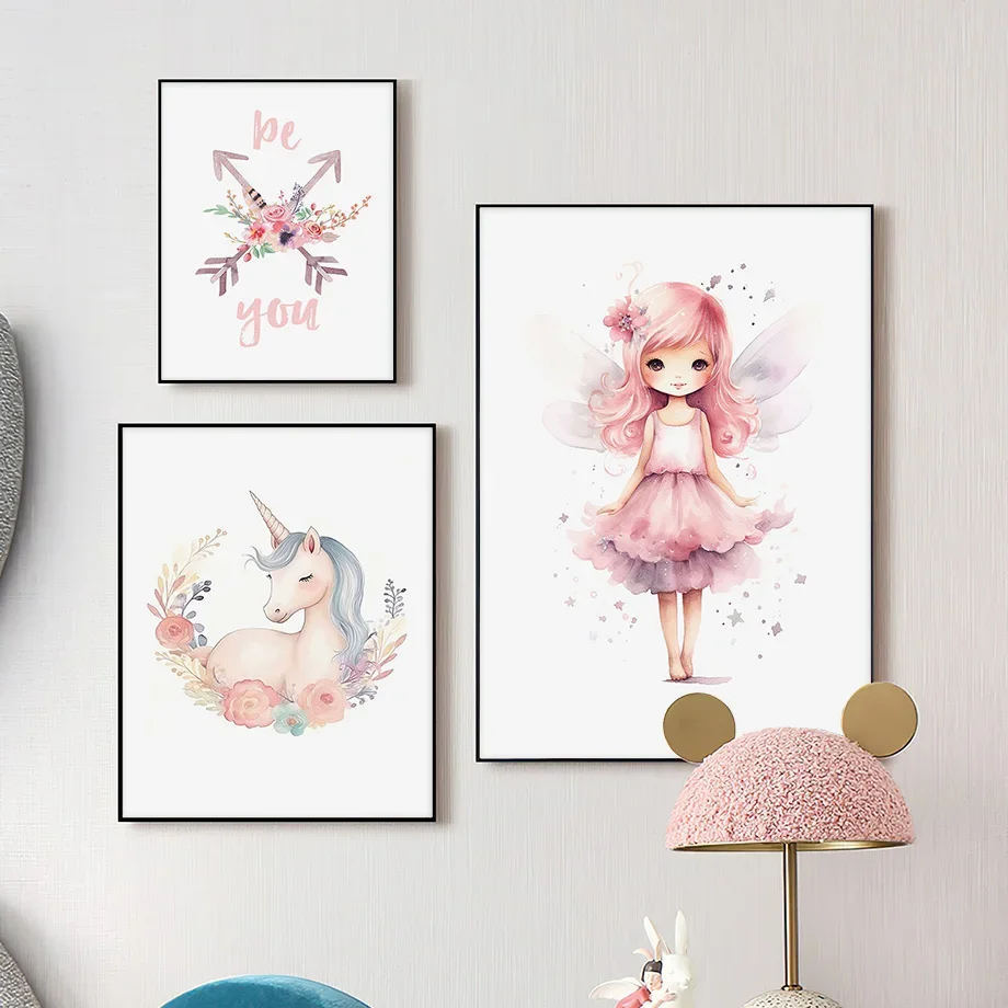 

Pink Fairy Unicorn Arrow Flower Customized Name Wall Art Canvas - Unique Nursery Decor for Girls Kids Room Poster Print