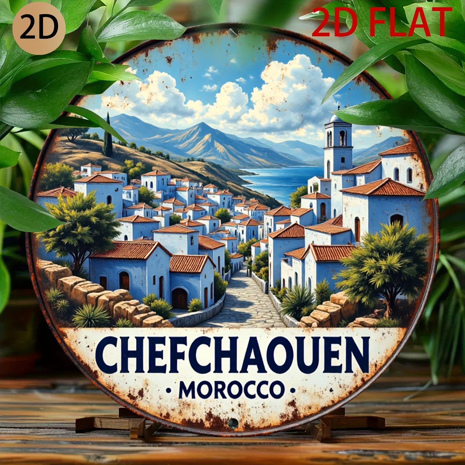 Round Chefchaouen Morocco Blue Town Mountain Vintage Round Metal Sign 7.87Inch/20cm 2D Flat Travel Entryway Wall Decor Gift