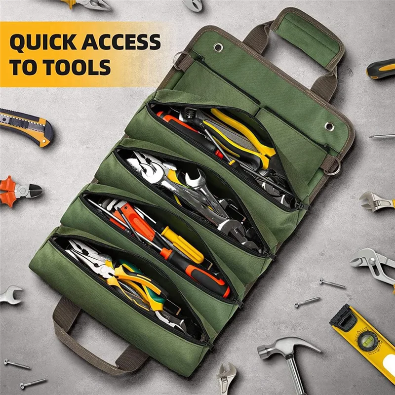 

【Today-Only!】Tool Bag Roll Up, Portable Tool Storage With 2 Removable Zipper Pockets, Father's Day Dad Birthday Gift, Green