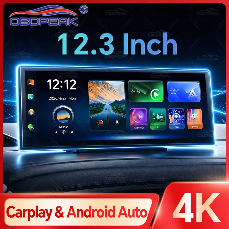 OBDPEAK K9 Max 12.3 Inch 4K Dash Cam Wireless CarPlay & Android Auto GPS Navigation Touch Screen Car DVR Camera Video Recording
