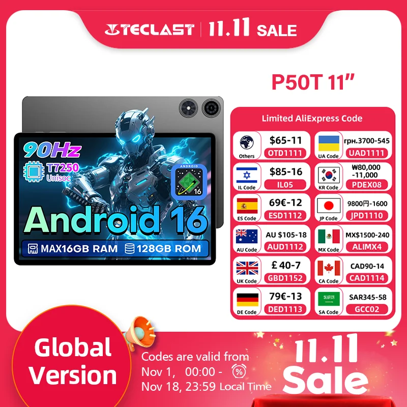 테클라스트 P50T 안드로이드 16 태블릿, 90Hz 주사율, 11인치 디스플레이, 8코어 UNISOC T7250 프로세서, 최대 16GB RAM(3GB+13GB 가상), 128GB ROM, 8000mAh 배터리, GPS 기능.