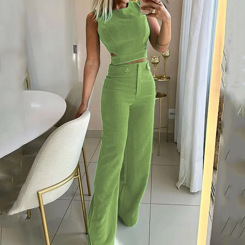 2024 Fall Women's New Fashion Casual Slim-fit Temperament Button-down Sleeveless Top Wide-leg Pant Suit Commuter Two-piece Suit