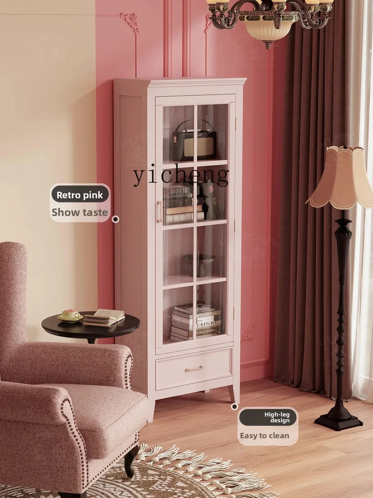 HYS Solid Wood Single Door Pink Bookshelf with Door Handcrafted Display Cabinet Living Room High Cabinet